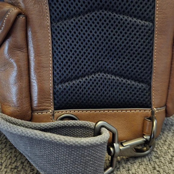 Coach Brown Leather Messenger Bag with Yellow Top and Red-Orange Stripe - Picture 5 of 8